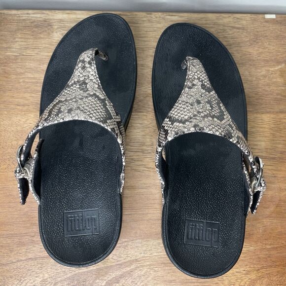 FitFlop Thong Sandals Women’s 7 Black Snake Print Adjustable Buckle Comfort - Picture 6 of 12